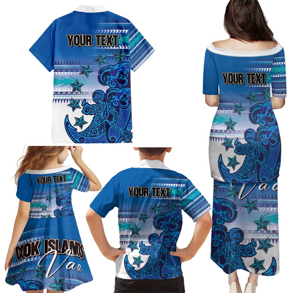 Personalised Cook Islands Va'a Race Family Matching Puletasi and Hawaiian Shirt Te Tatau Tattoos Sporty Style Light Blue Color LT03 - Polynesian Pride
