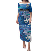 Personalised Cook Islands Va'a Race Family Matching Puletasi and Hawaiian Shirt Te Tatau Tattoos Sporty Style Light Blue Color LT03 Mom's Dress Blue - Polynesian Pride