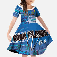 Personalised Cook Islands Va'a Race Family Matching Short Sleeve Bodycon Dress and Hawaiian Shirt Te Tatau Tattoos Sporty Style Light Blue Color LT03 Daughter's Dress Blue - Polynesian Pride