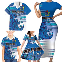 Personalised Cook Islands Va'a Race Family Matching Short Sleeve Bodycon Dress and Hawaiian Shirt Te Tatau Tattoos Sporty Style Light Blue Color LT03 - Polynesian Pride
