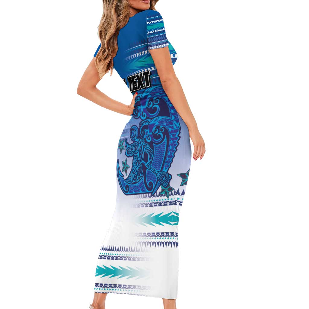 Personalised Cook Islands Va'a Race Family Matching Short Sleeve Bodycon Dress and Hawaiian Shirt Te Tatau Tattoos Sporty Style Light Blue Color LT03 - Polynesian Pride