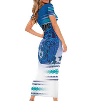 Personalised Cook Islands Va'a Race Family Matching Short Sleeve Bodycon Dress and Hawaiian Shirt Te Tatau Tattoos Sporty Style Light Blue Color LT03 - Polynesian Pride