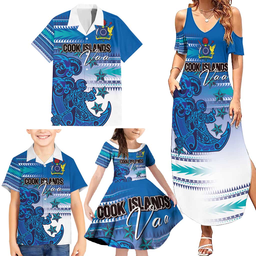 Personalised Cook Islands Va'a Race Family Matching Summer Maxi Dress and Hawaiian Shirt Te Tatau Tattoos Sporty Style Light Blue Color LT03 - Polynesian Pride