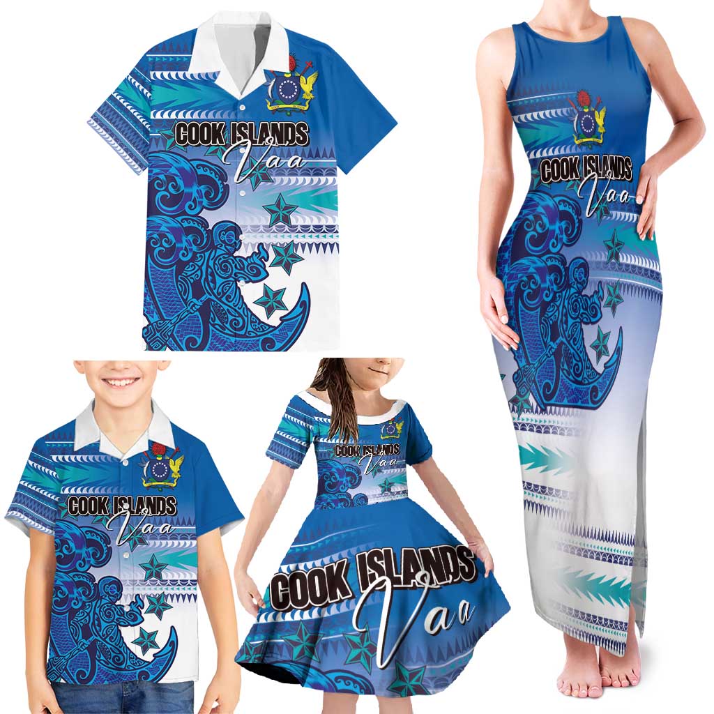Personalised Cook Islands Va'a Race Family Matching Tank Maxi Dress and Hawaiian Shirt Te Tatau Tattoos Sporty Style Light Blue Color LT03 - Polynesian Pride