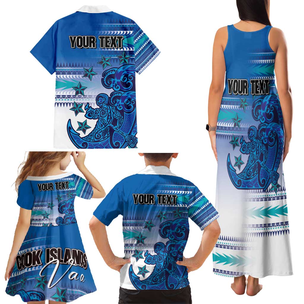 Personalised Cook Islands Va'a Race Family Matching Tank Maxi Dress and Hawaiian Shirt Te Tatau Tattoos Sporty Style Light Blue Color LT03 - Polynesian Pride