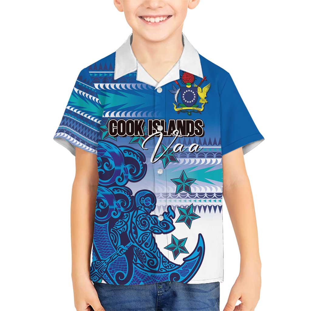 Personalised Cook Islands Va'a Race Family Matching Tank Maxi Dress and Hawaiian Shirt Te Tatau Tattoos Sporty Style Light Blue Color LT03 Son's Shirt Blue - Polynesian Pride