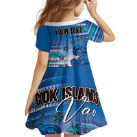 Personalised Cook Islands Va'a Race Kid Short Sleeve Dress Te Tatau Tattoos Sporty Style Light Blue Color - Polynesian Pride