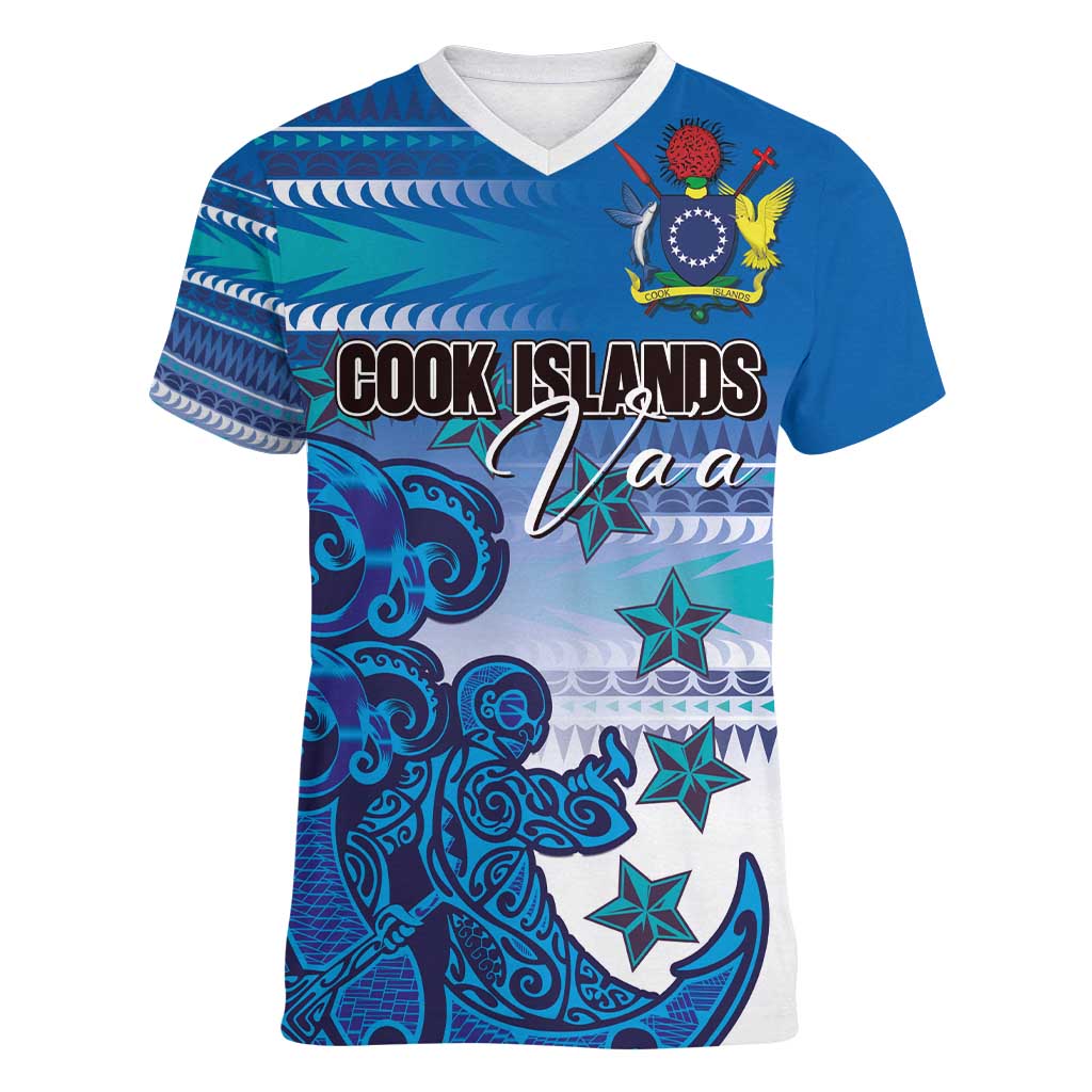 Personalised Cook Islands Va'a Race Women V-Neck T-Shirt Te Tatau Tattoos Sporty Style Light Blue Color LT03 Female Blue - Polynesian Pride