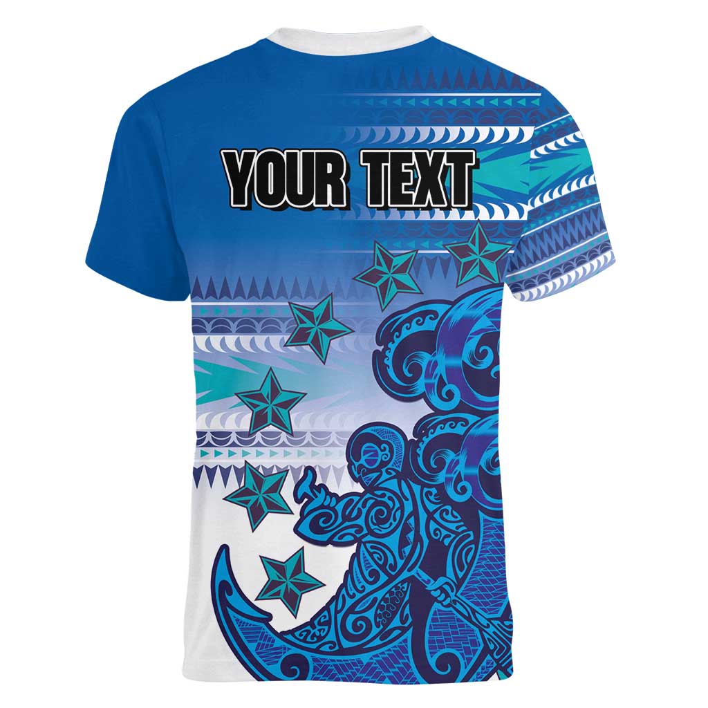Personalised Cook Islands Va'a Race Women V-Neck T-Shirt Te Tatau Tattoos Sporty Style Light Blue Color LT03 - Polynesian Pride
