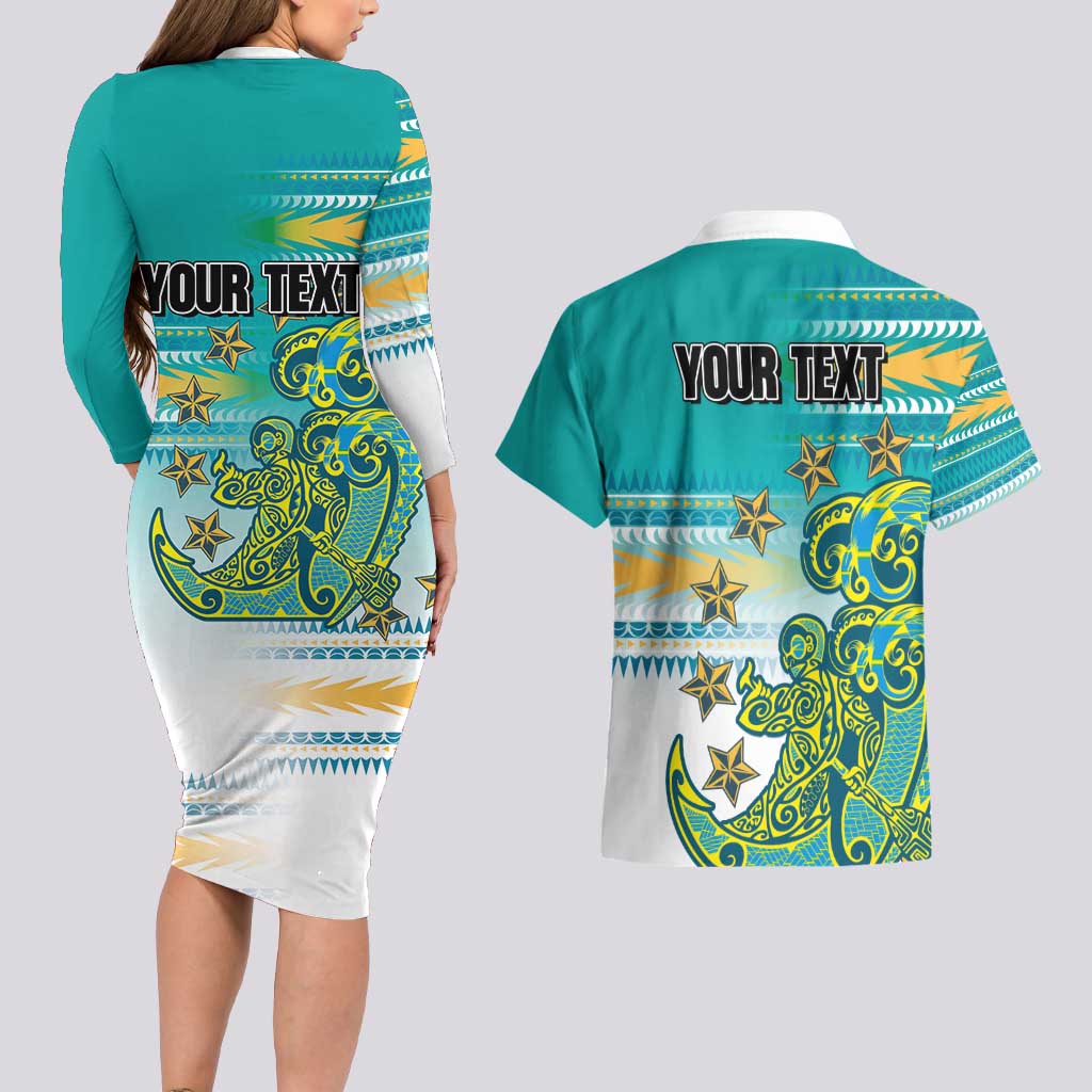Personalised Cook Islands Va'a Race Couples Matching Long Sleeve Bodycon Dress and Hawaiian Shirt Te Tatau Tattoos Sporty Style Turquoise Color LT03 - Polynesian Pride