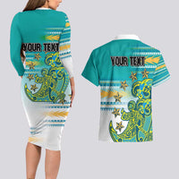 Personalised Cook Islands Va'a Race Couples Matching Long Sleeve Bodycon Dress and Hawaiian Shirt Te Tatau Tattoos Sporty Style Turquoise Color LT03 - Polynesian Pride