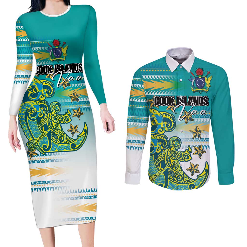 Personalised Cook Islands Va'a Race Couples Matching Long Sleeve Bodycon Dress and Long Sleeve Button Shirt Te Tatau Tattoos Sporty Style Turquoise Color LT03 Turquoise - Polynesian Pride