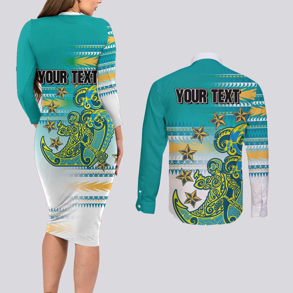 Personalised Cook Islands Va'a Race Couples Matching Long Sleeve Bodycon Dress and Long Sleeve Button Shirt Te Tatau Tattoos Sporty Style Turquoise Color LT03 - Polynesian Pride