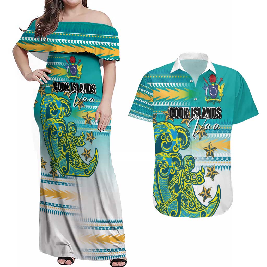 Personalised Cook Islands Va'a Race Couples Matching Off Shoulder Maxi Dress and Hawaiian Shirt Te Tatau Tattoos Sporty Style Turquoise Color LT03 Turquoise - Polynesian Pride
