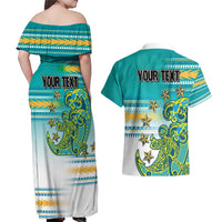 Personalised Cook Islands Va'a Race Couples Matching Off Shoulder Maxi Dress and Hawaiian Shirt Te Tatau Tattoos Sporty Style Turquoise Color LT03 - Polynesian Pride