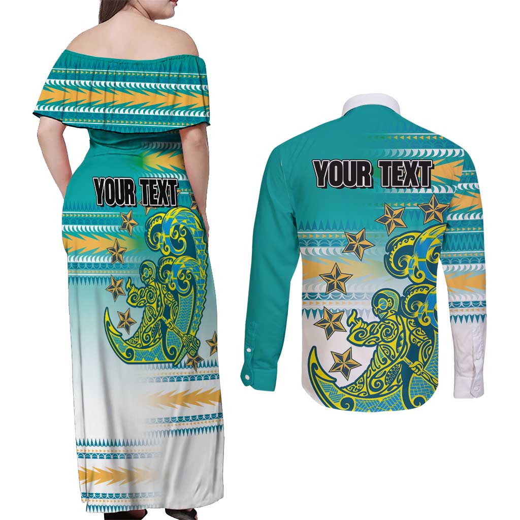 Personalised Cook Islands Va'a Race Couples Matching Off Shoulder Maxi Dress and Long Sleeve Button Shirt Te Tatau Tattoos Sporty Style Turquoise Color LT03 - Polynesian Pride