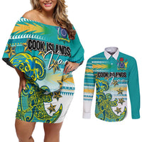 Personalised Cook Islands Va'a Race Couples Matching Off Shoulder Short Dress and Long Sleeve Button Shirt Te Tatau Tattoos Sporty Style Turquoise Color LT03 Turquoise - Polynesian Pride
