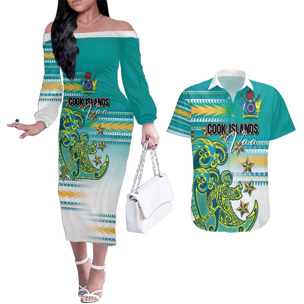 Personalised Cook Islands Va'a Race Couples Matching Off The Shoulder Long Sleeve Dress and Hawaiian Shirt Te Tatau Tattoos Sporty Style Turquoise Color LT03 Turquoise - Polynesian Pride