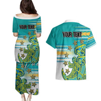Personalised Cook Islands Va'a Race Couples Matching Puletasi and Hawaiian Shirt Te Tatau Tattoos Sporty Style Turquoise Color LT03 - Polynesian Pride