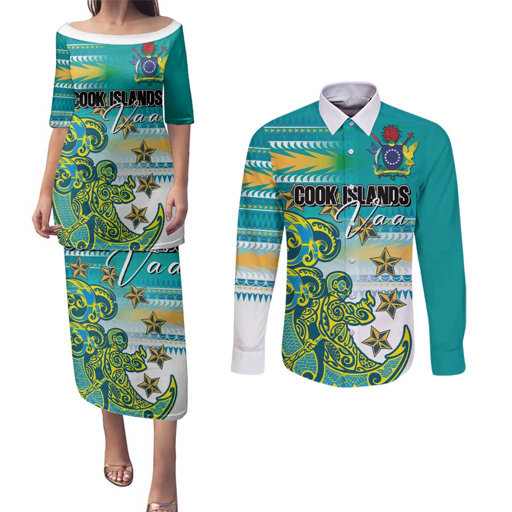 Personalised Cook Islands Va'a Race Couples Matching Puletasi and Long Sleeve Button Shirt Te Tatau Tattoos Sporty Style Turquoise Color LT03 Turquoise - Polynesian Pride