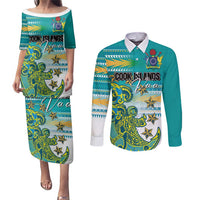 Personalised Cook Islands Va'a Race Couples Matching Puletasi and Long Sleeve Button Shirt Te Tatau Tattoos Sporty Style Turquoise Color LT03 Turquoise - Polynesian Pride