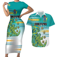 Personalised Cook Islands Va'a Race Couples Matching Short Sleeve Bodycon Dress and Hawaiian Shirt Te Tatau Tattoos Sporty Style Turquoise Color LT03 Turquoise - Polynesian Pride
