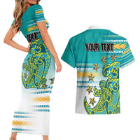 Personalised Cook Islands Va'a Race Couples Matching Short Sleeve Bodycon Dress and Hawaiian Shirt Te Tatau Tattoos Sporty Style Turquoise Color LT03 - Polynesian Pride