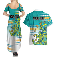 Personalised Cook Islands Va'a Race Couples Matching Summer Maxi Dress and Hawaiian Shirt Te Tatau Tattoos Sporty Style Turquoise Color LT03 - Polynesian Pride