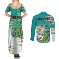 Personalised Cook Islands Va'a Race Couples Matching Summer Maxi Dress and Long Sleeve Button Shirt Te Tatau Tattoos Sporty Style Turquoise Color LT03 - Polynesian Pride