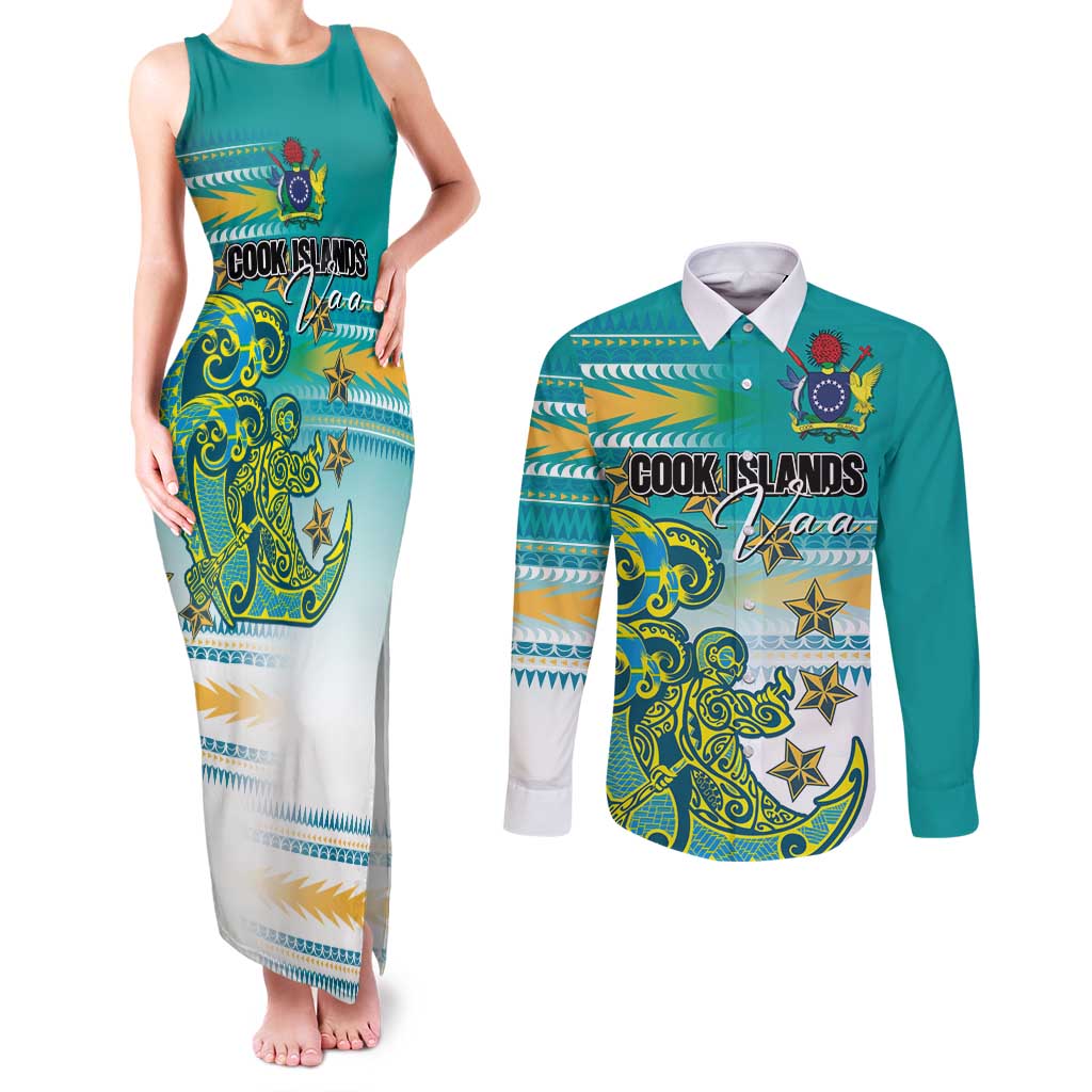 Personalised Cook Islands Va'a Race Couples Matching Tank Maxi Dress and Long Sleeve Button Shirt Te Tatau Tattoos Sporty Style Turquoise Color LT03 Turquoise - Polynesian Pride