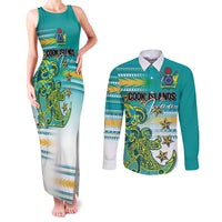 Personalised Cook Islands Va'a Race Couples Matching Tank Maxi Dress and Long Sleeve Button Shirt Te Tatau Tattoos Sporty Style Turquoise Color LT03 Turquoise - Polynesian Pride