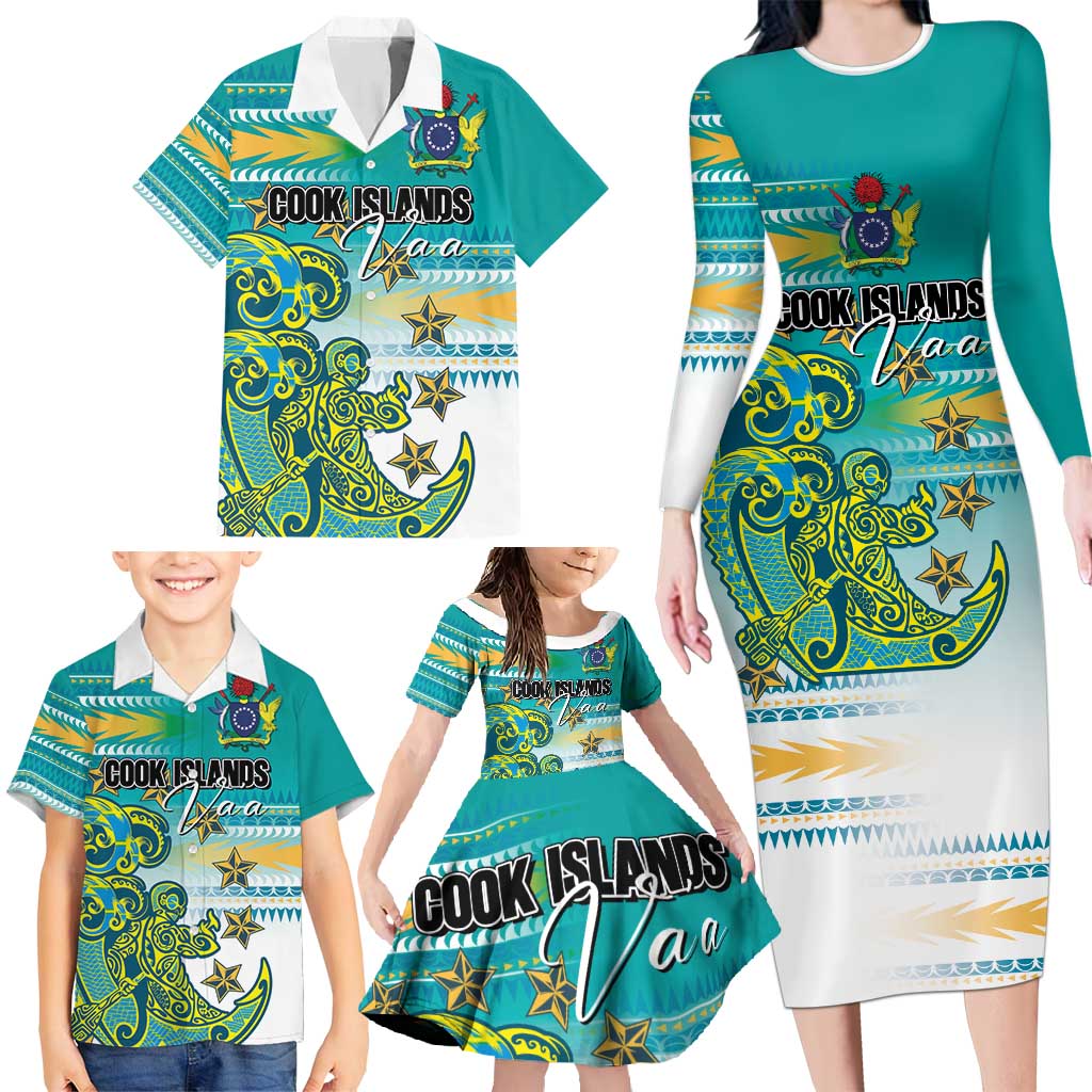 Personalised Cook Islands Va'a Race Family Matching Long Sleeve Bodycon Dress and Hawaiian Shirt Te Tatau Tattoos Sporty Style Turquoise Color LT03 - Polynesian Pride
