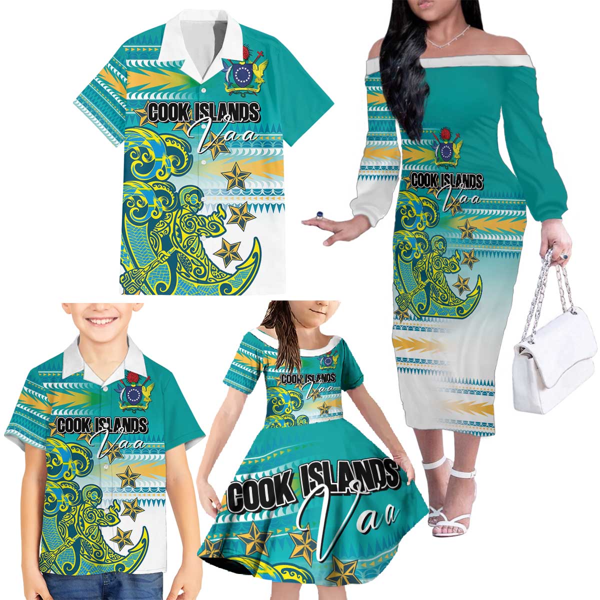 Personalised Cook Islands Va'a Race Family Matching Off The Shoulder Long Sleeve Dress and Hawaiian Shirt Te Tatau Tattoos Sporty Style Turquoise Color LT03 - Polynesian Pride