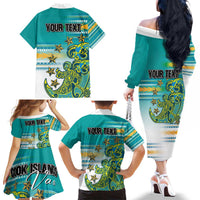 Personalised Cook Islands Va'a Race Family Matching Off The Shoulder Long Sleeve Dress and Hawaiian Shirt Te Tatau Tattoos Sporty Style Turquoise Color LT03 - Polynesian Pride