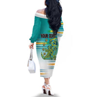Personalised Cook Islands Va'a Race Family Matching Off The Shoulder Long Sleeve Dress and Hawaiian Shirt Te Tatau Tattoos Sporty Style Turquoise Color LT03 - Polynesian Pride