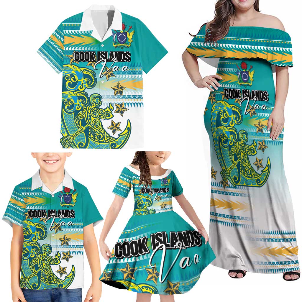 Personalised Cook Islands Va'a Race Family Matching Off Shoulder Maxi Dress and Hawaiian Shirt Te Tatau Tattoos Sporty Style Turquoise Color LT03 - Polynesian Pride