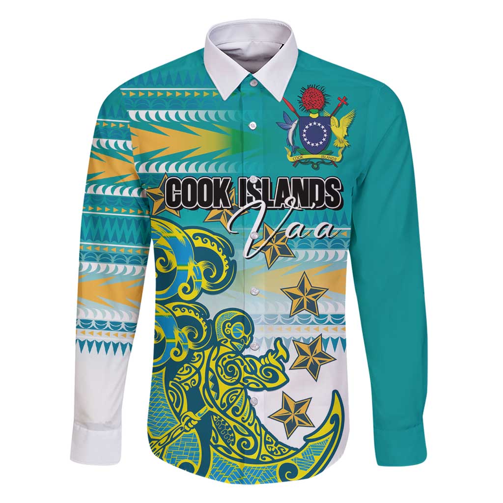 Personalised Cook Islands Va'a Race Family Matching Off Shoulder Maxi Dress and Hawaiian Shirt Te Tatau Tattoos Sporty Style Turquoise Color LT03 Dad's Shirt - Long Sleeve Turquoise - Polynesian Pride