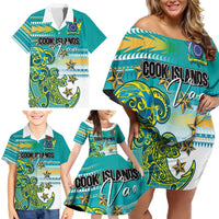 Personalised Cook Islands Va'a Race Family Matching Off Shoulder Short Dress and Hawaiian Shirt Te Tatau Tattoos Sporty Style Turquoise Color LT03 - Polynesian Pride