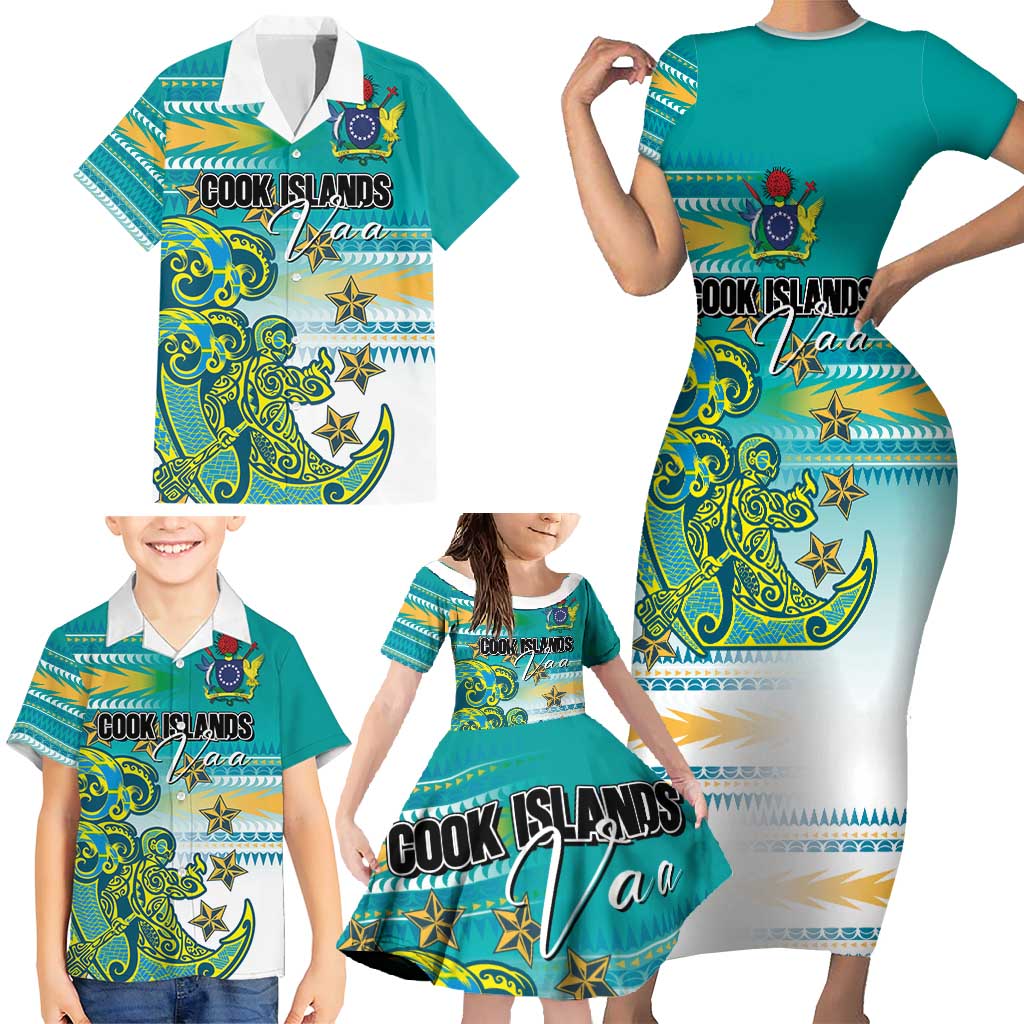 Personalised Cook Islands Va'a Race Family Matching Short Sleeve Bodycon Dress and Hawaiian Shirt Te Tatau Tattoos Sporty Style Turquoise Color LT03 - Polynesian Pride