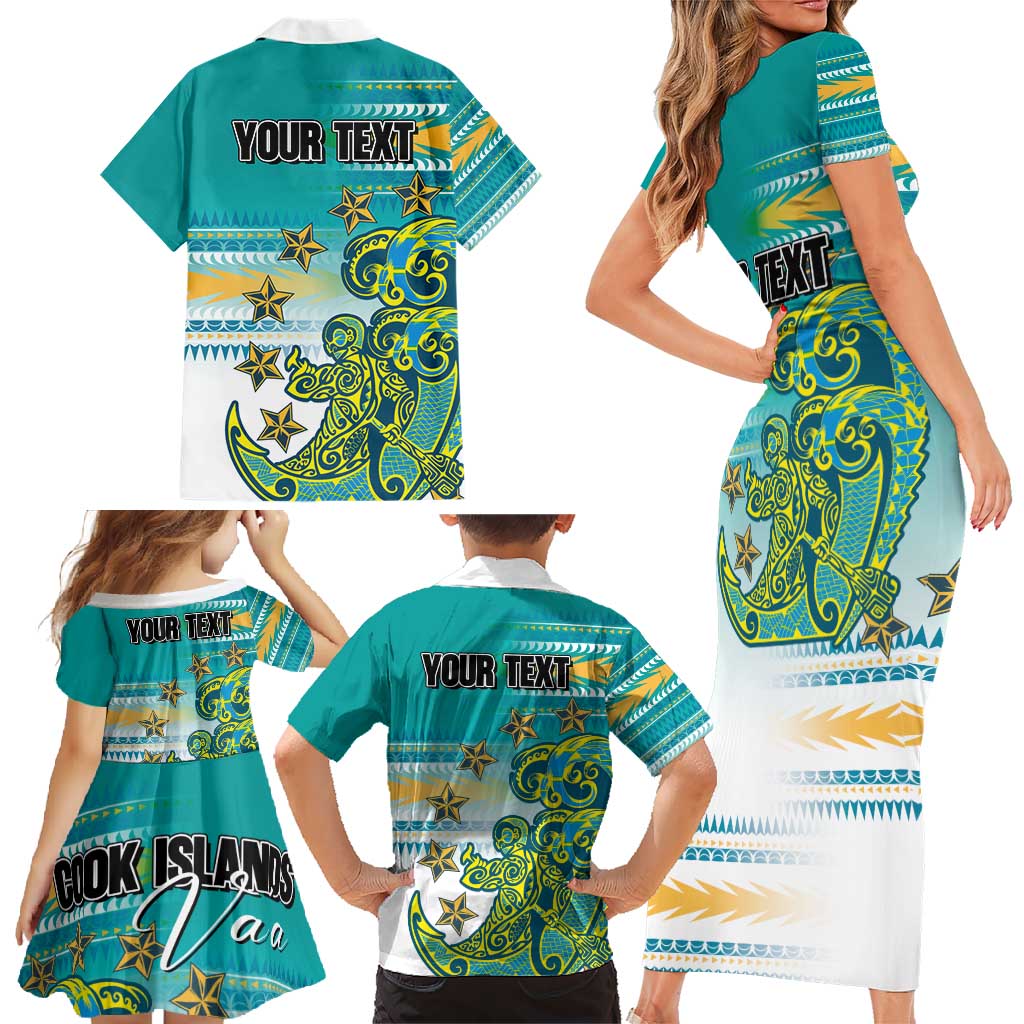 Personalised Cook Islands Va'a Race Family Matching Short Sleeve Bodycon Dress and Hawaiian Shirt Te Tatau Tattoos Sporty Style Turquoise Color LT03 - Polynesian Pride