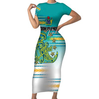 Personalised Cook Islands Va'a Race Family Matching Short Sleeve Bodycon Dress and Hawaiian Shirt Te Tatau Tattoos Sporty Style Turquoise Color LT03 Mom's Dress Turquoise - Polynesian Pride