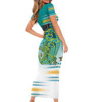 Personalised Cook Islands Va'a Race Family Matching Short Sleeve Bodycon Dress and Hawaiian Shirt Te Tatau Tattoos Sporty Style Turquoise Color LT03 - Polynesian Pride