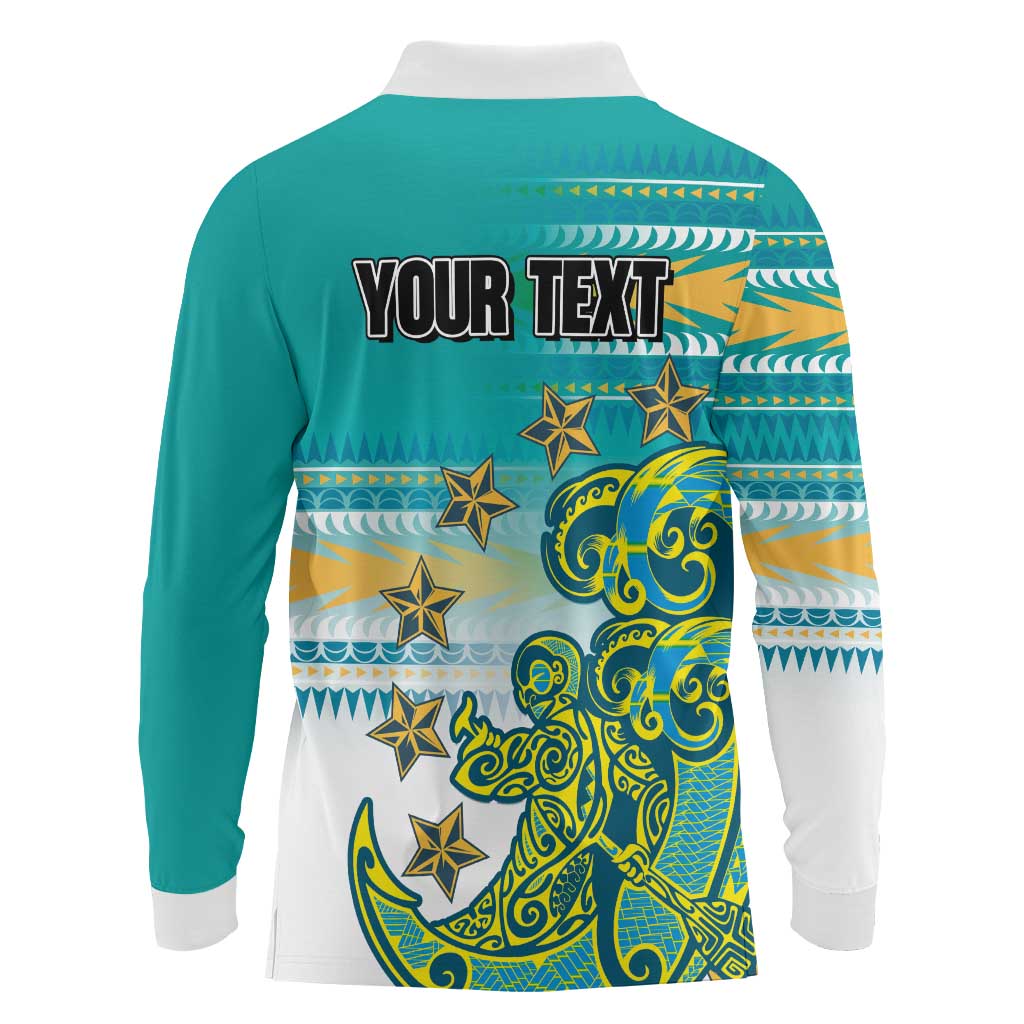 Personalised Cook Islands Va'a Race Long Sleeve Polo Shirt Te Tatau Tattoos Sporty Style Turquoise Color LT03 - Polynesian Pride