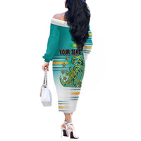 Personalised Cook Islands Va'a Race Off The Shoulder Long Sleeve Dress Te Tatau Tattoos Sporty Style Turquoise Color LT03 - Polynesian Pride