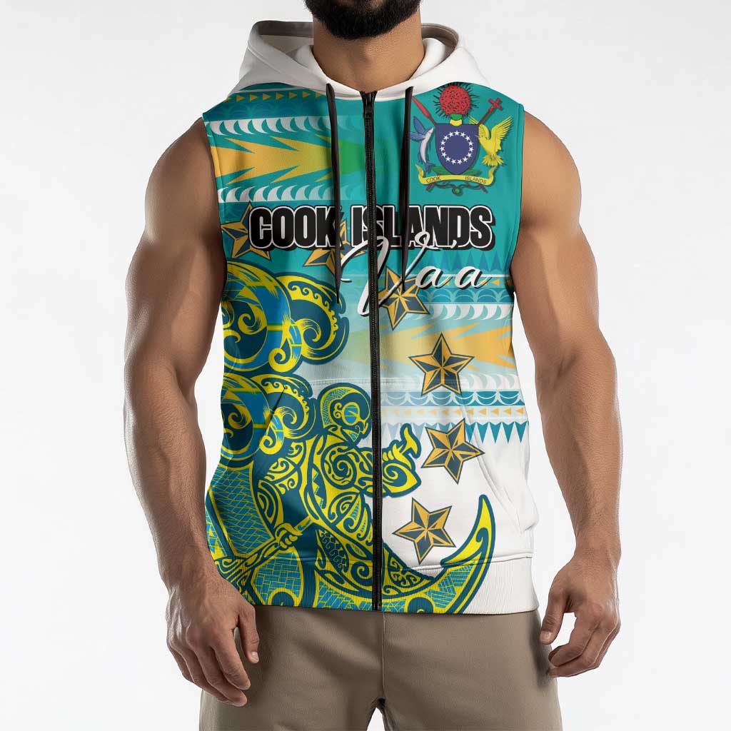 Personalised Cook Islands Va'a Race Sleeveless Zip Hoodie Te Tatau Tattoos Sporty Style Turquoise Color LT03 - Polynesian Pride