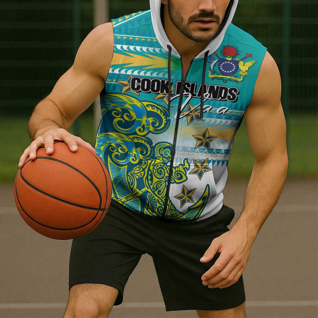 Personalised Cook Islands Va'a Race Sleeveless Zip Hoodie Te Tatau Tattoos Sporty Style Turquoise Color LT03 - Polynesian Pride