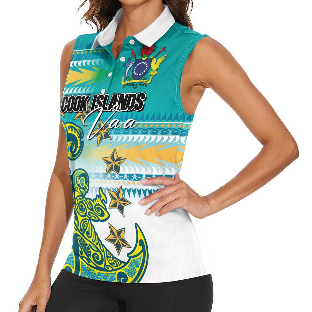 Personalised Cook Islands Va'a Race Women Sleeveless Polo Shirt Te Tatau Tattoos Sporty Style Turquoise Color LT03 - Polynesian Pride