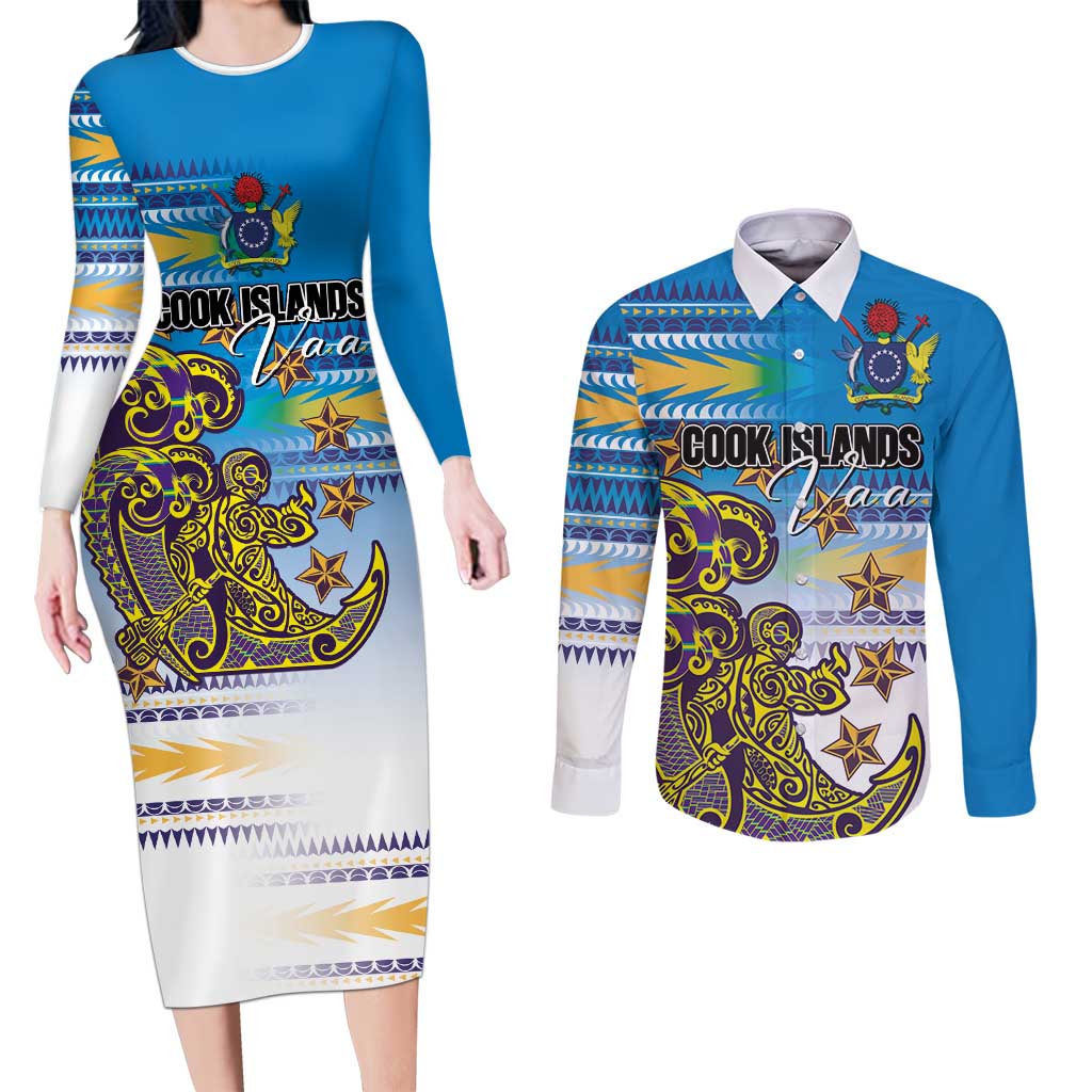 Personalised Cook Islands Va'a Race Couples Matching Long Sleeve Bodycon Dress and Long Sleeve Button Shirt Te Tatau Tattoos Sporty Style Glory Blue Color LT03 Blue - Polynesian Pride