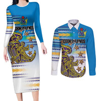 Personalised Cook Islands Va'a Race Couples Matching Long Sleeve Bodycon Dress and Long Sleeve Button Shirt Te Tatau Tattoos Sporty Style Glory Blue Color LT03 Blue - Polynesian Pride