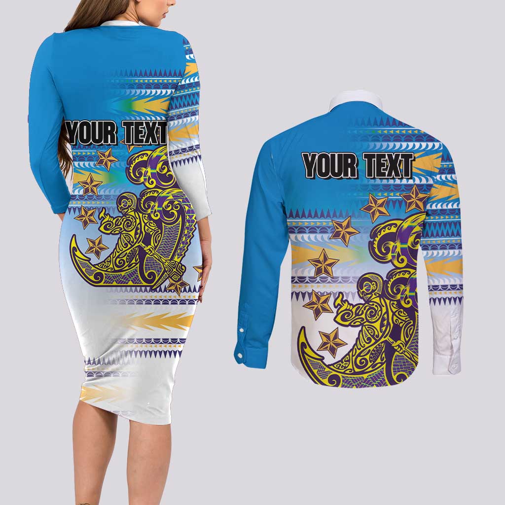 Personalised Cook Islands Va'a Race Couples Matching Long Sleeve Bodycon Dress and Long Sleeve Button Shirt Te Tatau Tattoos Sporty Style Glory Blue Color LT03 - Polynesian Pride